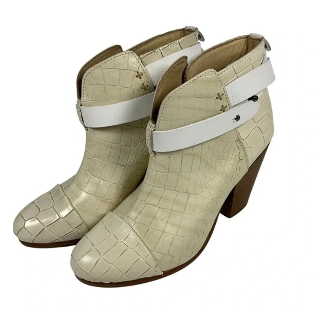 Rag & Bone Harrow Cream Ivory Croc Embossed Leather Ankle Boots EUR‎ 38 US 8